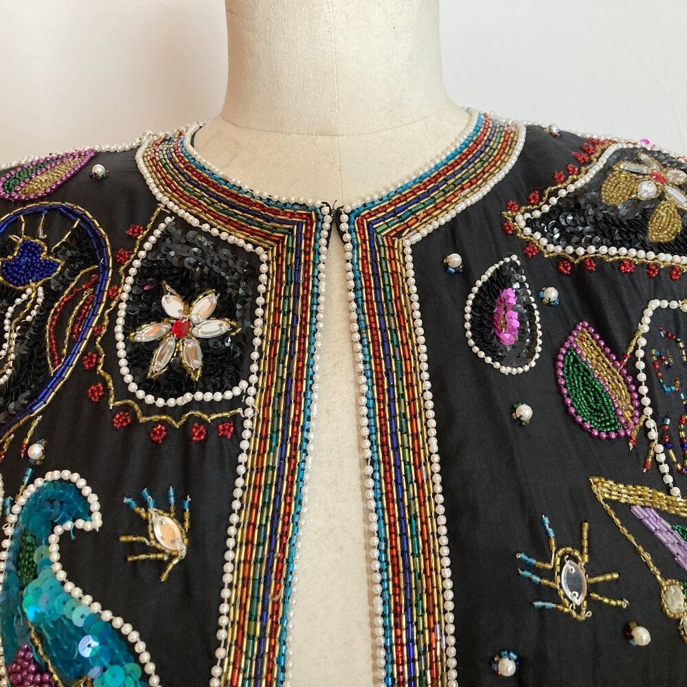 Paisley Sequin Beaded Jeweled Jacket Blue Black Multicolor - Picture 2 of 16
